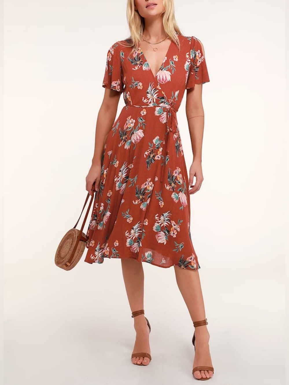 Lulus Jet Set For Sun Rust Red Tropical Print Wrap Midi Dress S